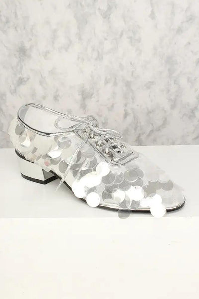 Silver Holographic Sequin Oxford Chunky High Heels - AMIClubwear