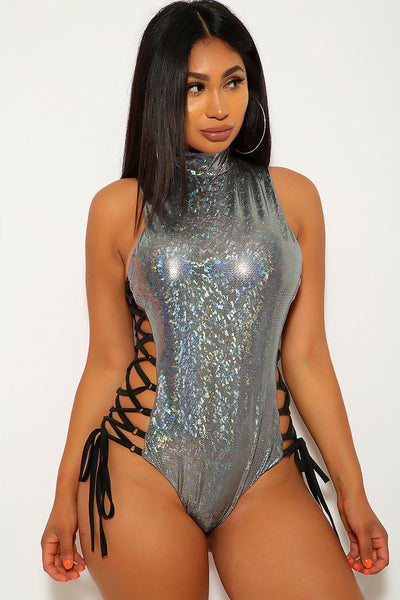 Silver Iridescent Metallic High Neck One Piece Swimsuit - AMIClubwear