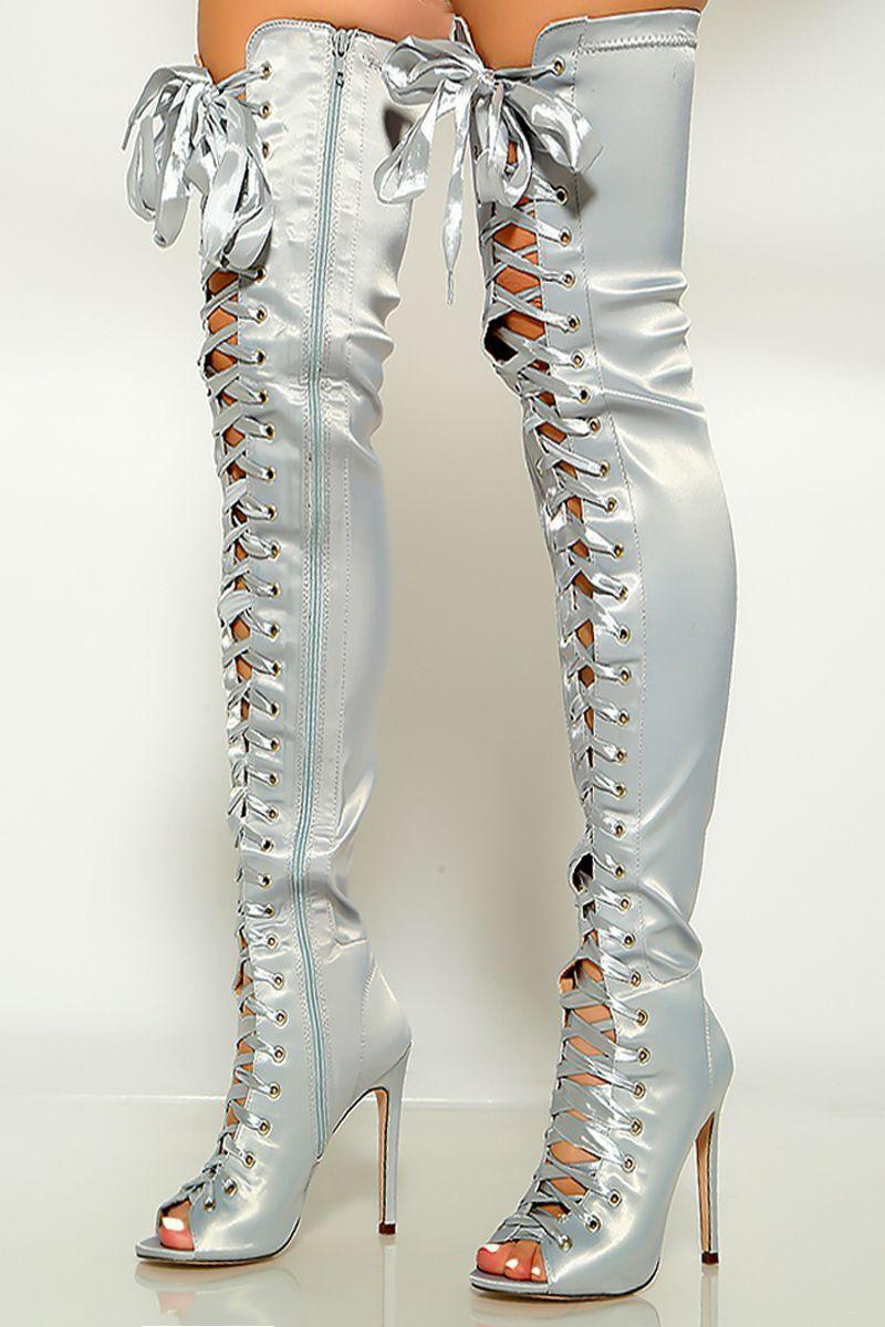 Silver Lace Up Peep Toe High Heels Boots Satin - AMIClubwear