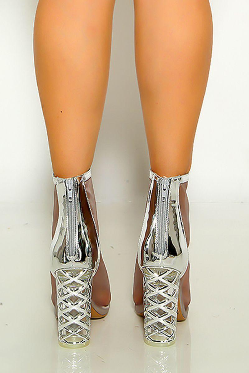 Silver Mesh Pointy Toe High Polish Caged Chunky Heel Booties - AMIClubwear