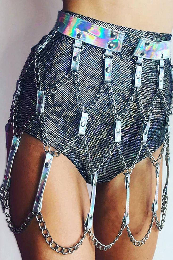 Silver Metallic Chain Front Skirt Belt - AMIClubwear