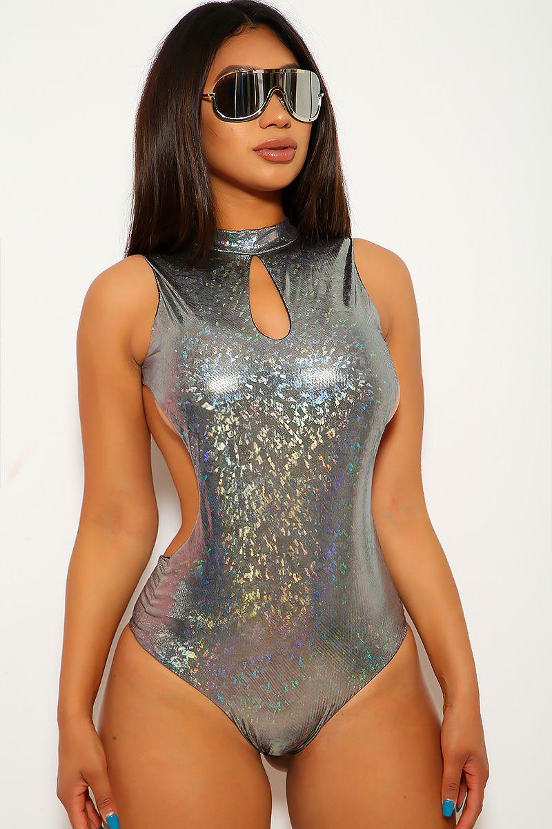 Silver Metallic Mock Neck One Piece Swimsuit - AMIClubwear