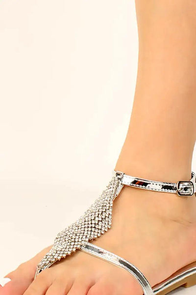 Silver Metallic Strappy Rhinestone Accent Sandals - AMIClubwear