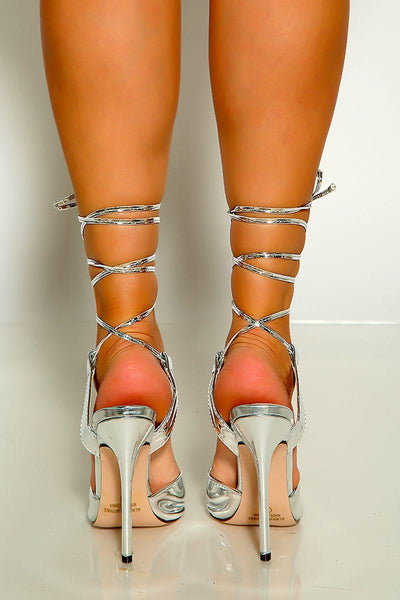 Silver Mirror Pointy Toe Wrap Around High Heels - AMIClubwear