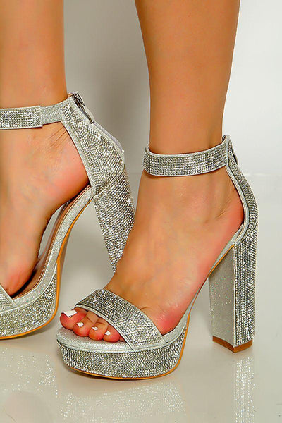 Silver Open Toe Rhinestone Ankle Strap Platform High Heels - AMIClubwear