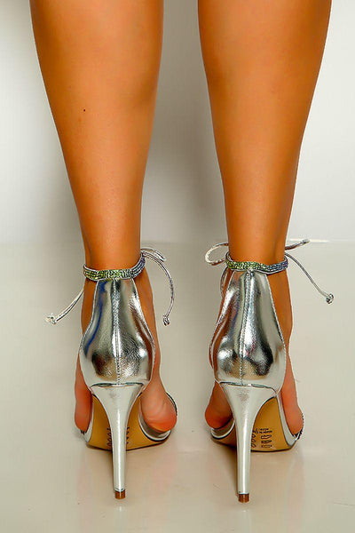 Silver Open Toe Rhinestone Front Tie Lace Up Detail Single Sole High Heels - AMIClubwear
