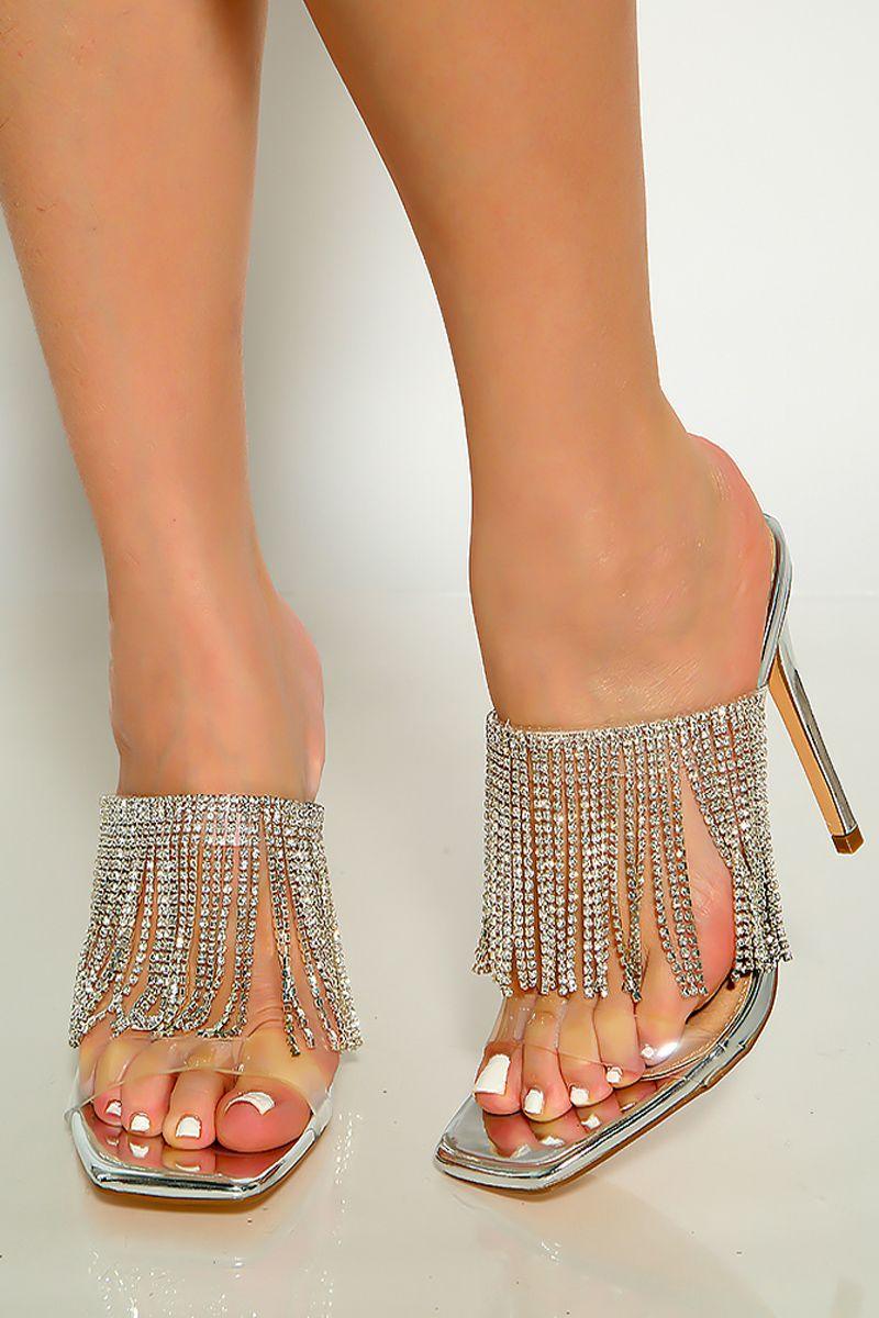 Silver Open Toe Slip on Rhine Stone Fringe High Heels - AMIClubwear