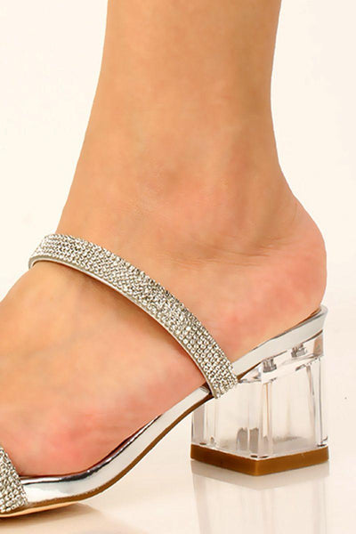 Silver Patent Rhinestone Accent Chunky Heel - AMIClubwear