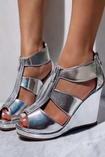 Silver Peep Toe Front Zipper Platform Wedges - AMIClubwear