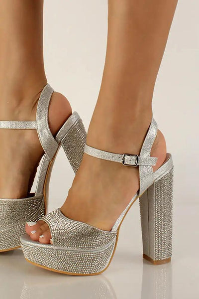 Silver Peep Toe Rhinestone Chunky High Heels - AMIClubwear