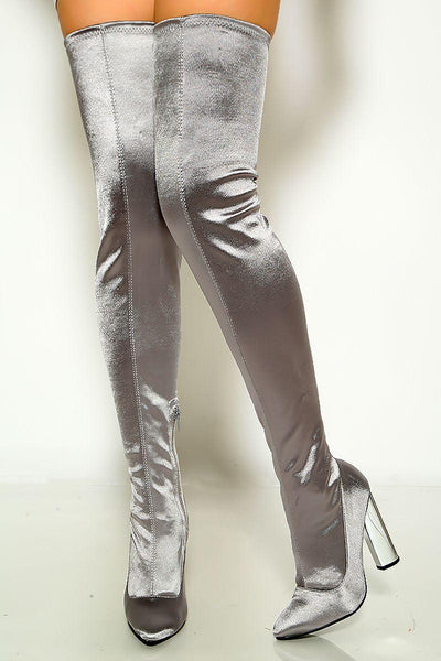 Silver Pointy Toe Chunky Heels Thigh High Boots - AMIClubwear