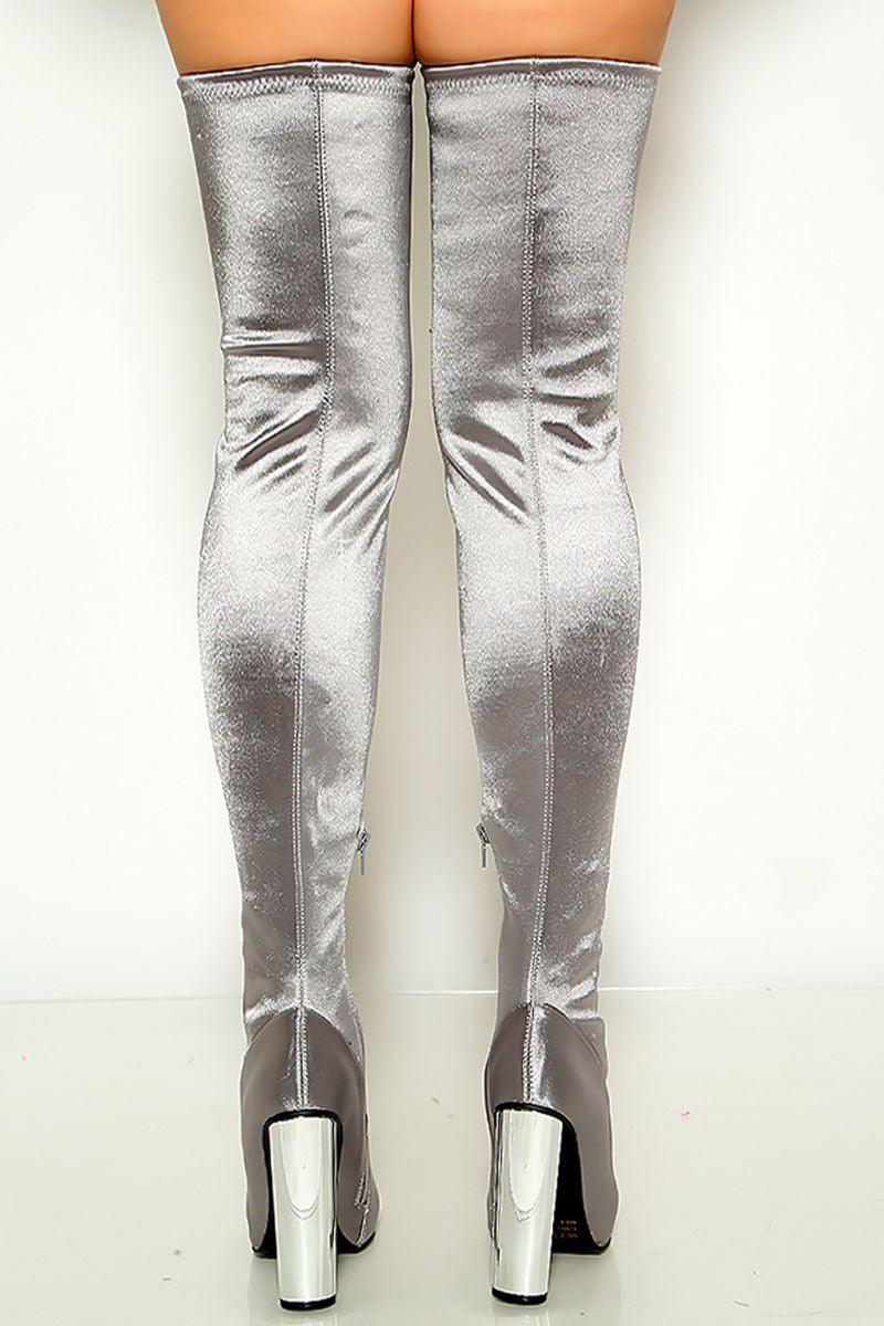 Silver Pointy Toe Chunky Heels Thigh High Boots - AMIClubwear