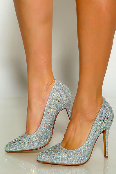 Silver Pointy Toe Slip On Rhinestone High Heels - AMIClubwear