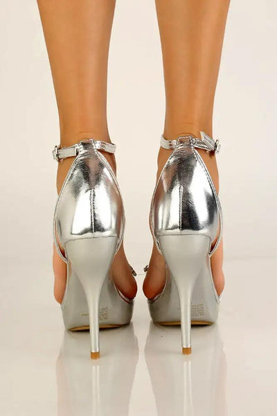 Silver Rhinestone Accent Open Toe High Heels - AMIClubwear