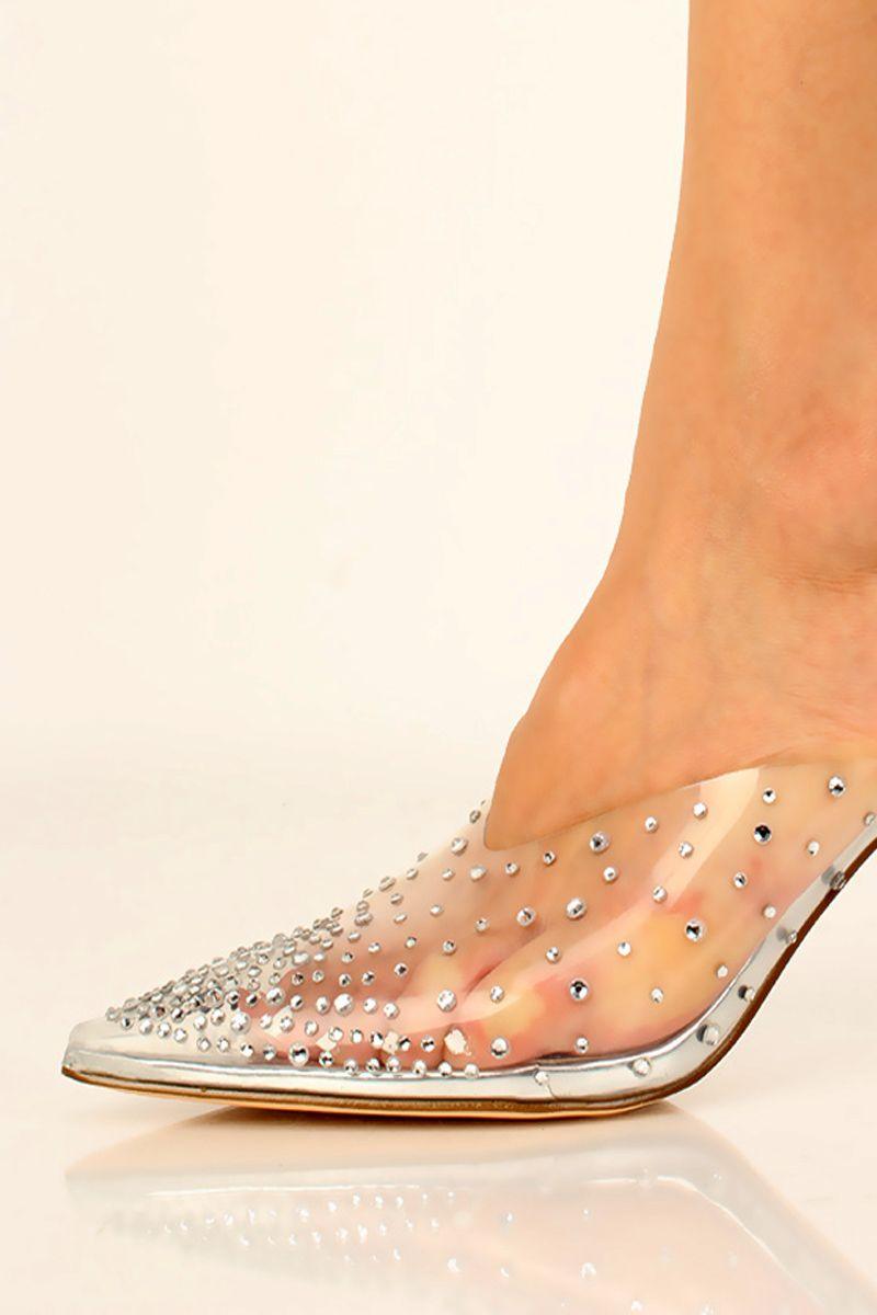 Silver Rhinestone Accent Slip On High Heels - AMIClubwear