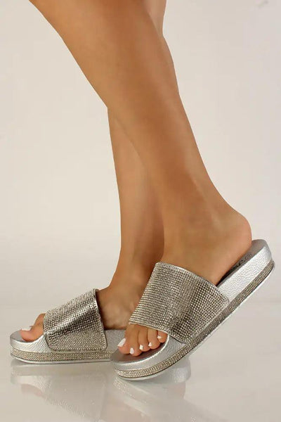Silver Rhinestone Accent Slip On Sandals - AMIClubwear