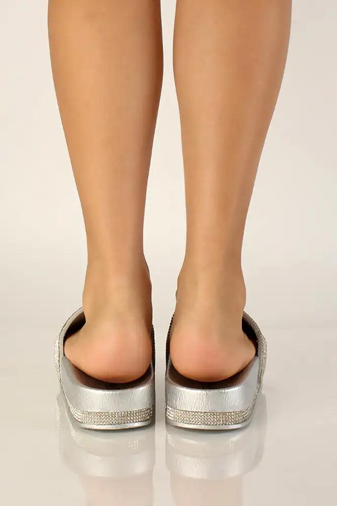 Silver Rhinestone Accent Slip On Sandals - AMIClubwear