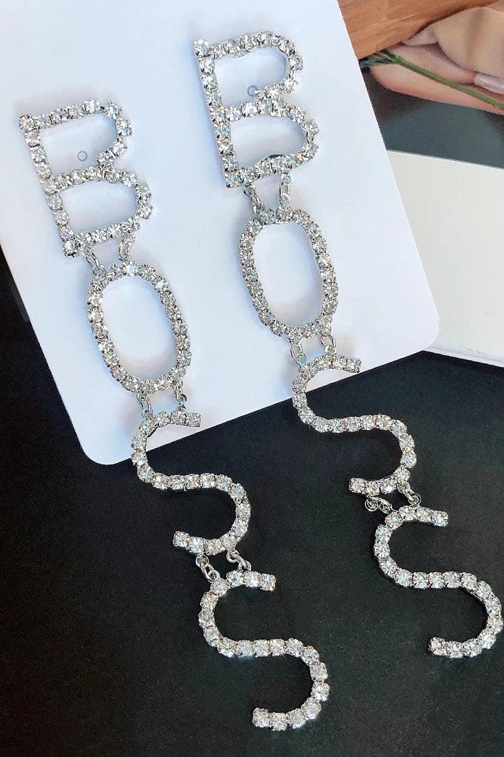 Silver Rhinestone Boss Letter Drop Earrings - AMIClubwear