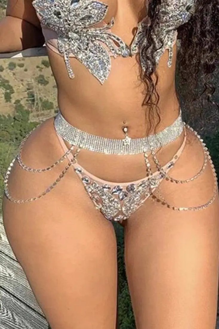 Silver Rhinestone Crystal Belly Waist Belt Layered Chain