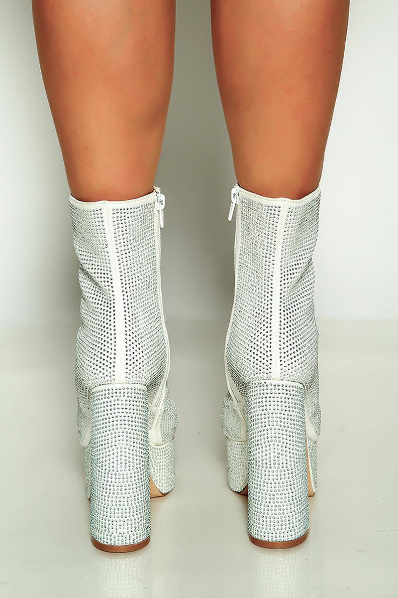 Silver Rhinestone Design Chunky Platform Boots - AMIClubwear
