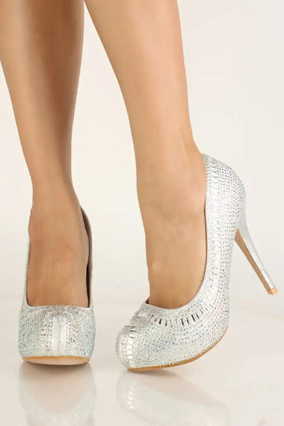 Silver Rhinestone High Heel Pumps - AMIClubwear