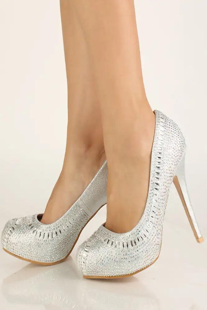 Silver Rhinestone High Heel Pumps - AMIClubwear