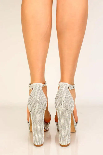 Silver Rhinestone Open Toe Chunky High Heels - AMIClubwear