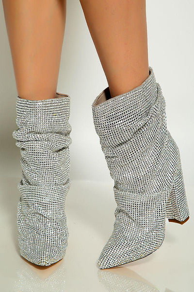 Silver Rhinestone Pointy Toe Slouchy Chunky Heel Boots - AMIClubwear