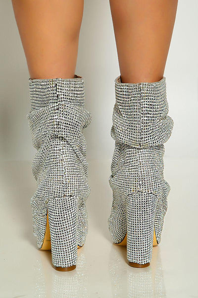 Silver Rhinestone Pointy Toe Slouchy Chunky Heel Boots - AMIClubwear