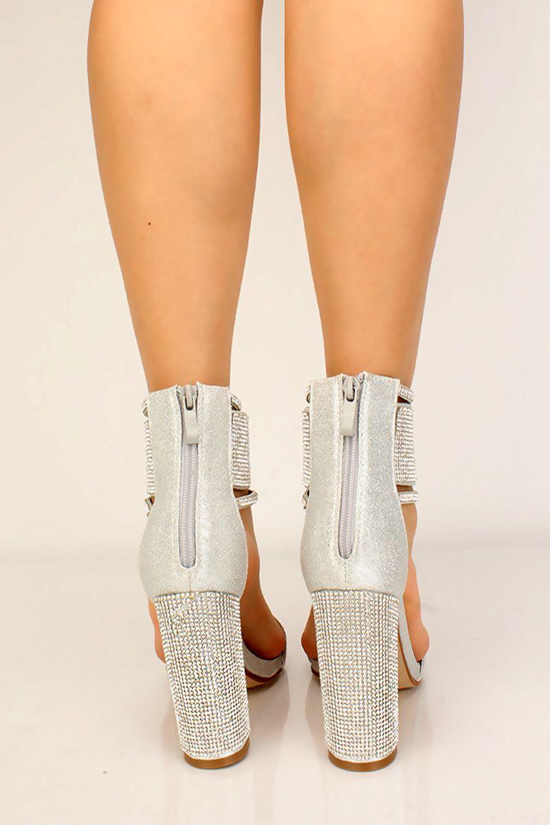 Silver Rhinestone Shimmery Chunky High Heels - AMIClubwear