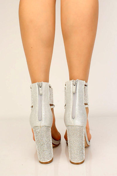 Silver Rhinestone Shimmery Chunky High Heels - AMIClubwear