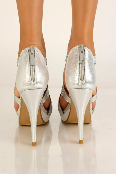 Silver Rhinestone Strappy  High Heels - AMIClubwear