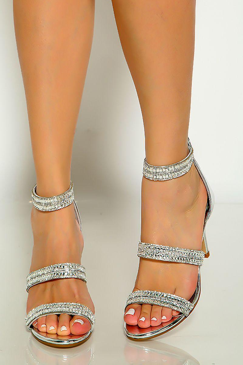 Silver Rhinestone Strappy Open Toe High Heels - AMIClubwear