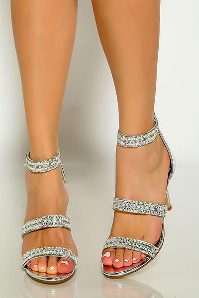 Silver Rhinestone Strappy Open Toe High Heels - AMIClubwear