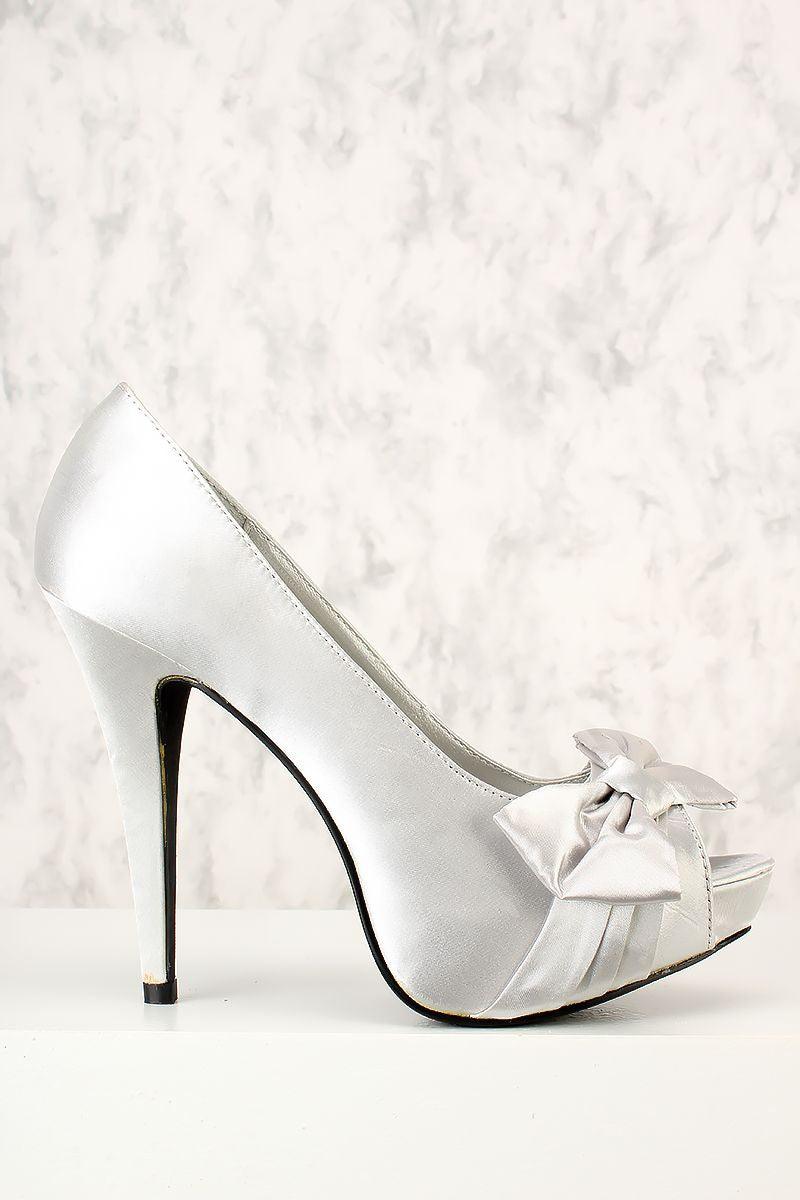 Silver Satin Pleated Bow Tie Open Toe Pump High Heels - AMIClubwear