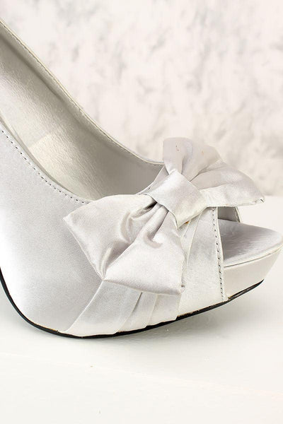 Silver Satin Pleated Bow Tie Open Toe Pump High Heels - AMIClubwear