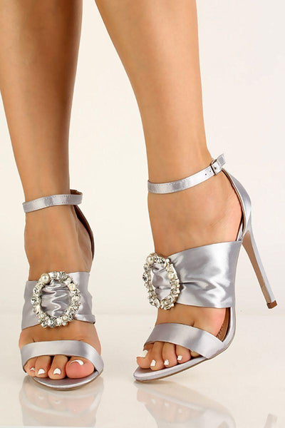 Silver Satin Rhinestone Open Toe Heels - AMIClubwear