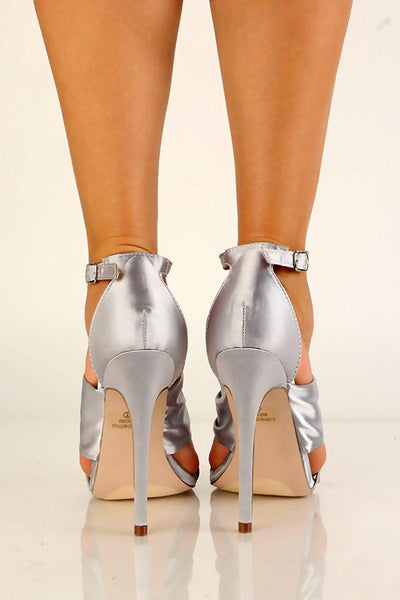 Silver Satin Rhinestone Open Toe Heels - AMIClubwear