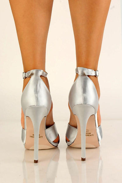 Silver Satin Strappy High Heels - AMIClubwear