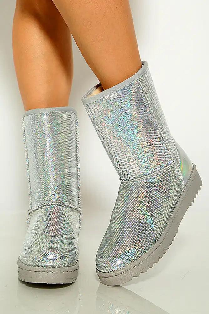 Silver Sequins Faux Fur Slip On Boots - AMIClubwear