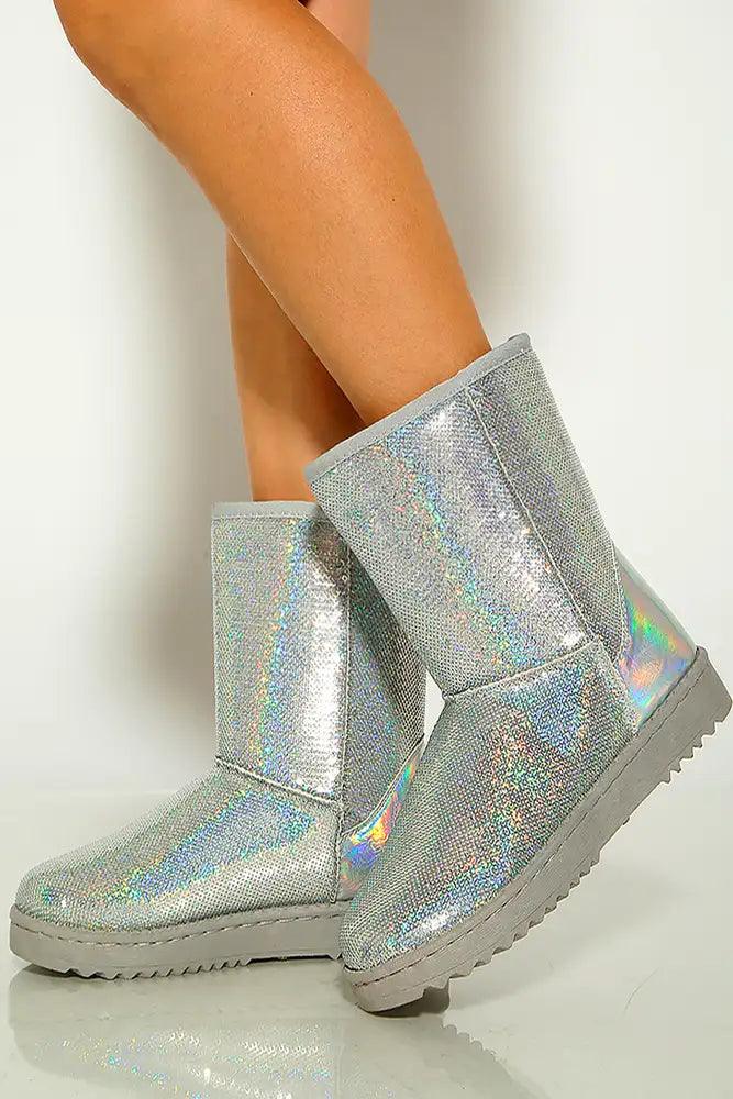 Silver Sequins Faux Fur Slip On Boots - AMIClubwear