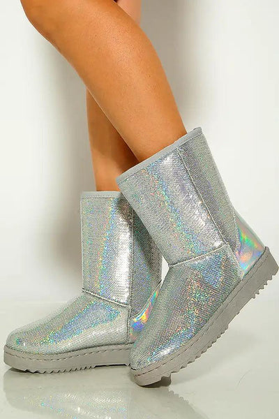 Silver Sequins Faux Fur Slip On Boots - AMIClubwear