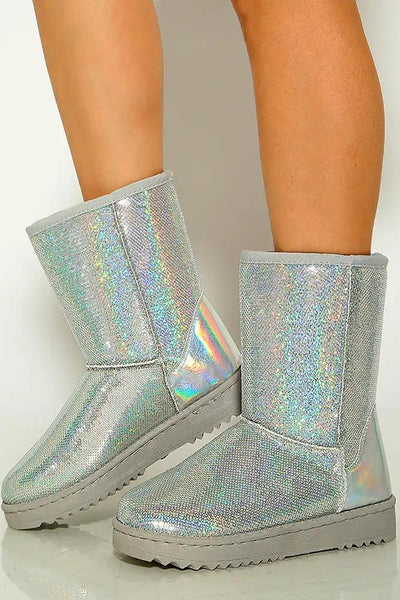 Silver Sequins Faux Fur Slip On Boots - AMIClubwear