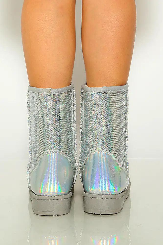 Silver Sequins Faux Fur Slip On Boots - AMIClubwear