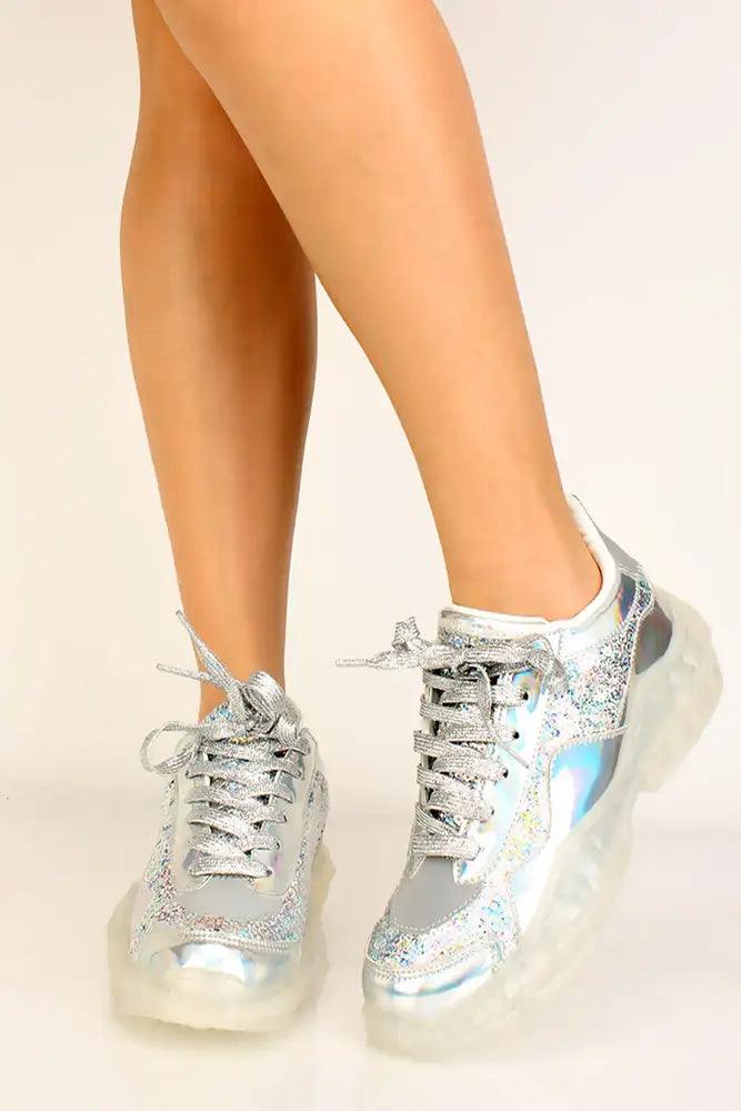 Silver Sequins Lace Up Sneakers – AMIClubwear