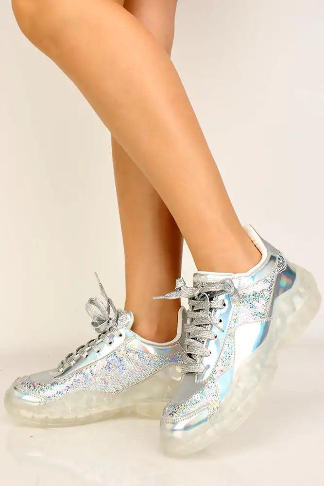 Silver Sequins Lace Up Sneakers - AMIClubwear
