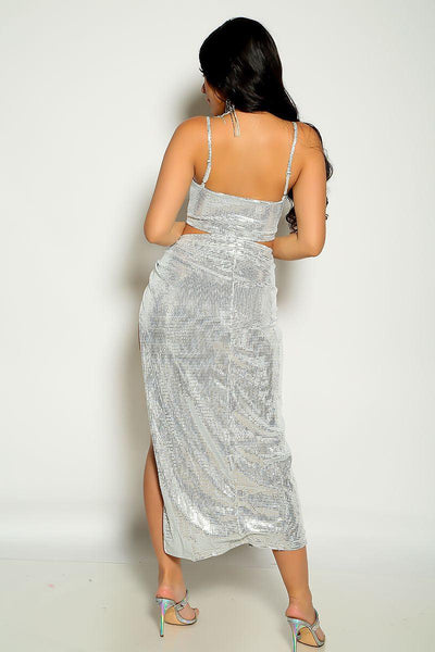 Silver Sleeveless Cropped Metallic Sequin Knotted Two Piece Dress - AMIClubwear