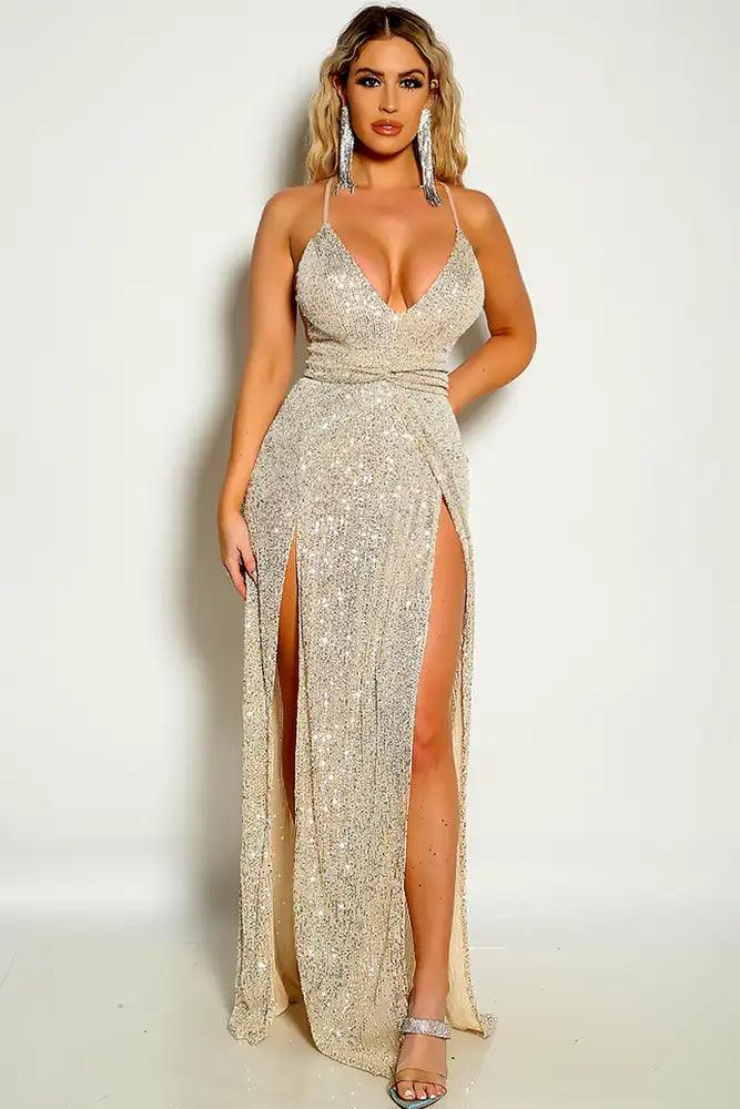 Silver Sleeveless Sequins Double Slit Cocktail Party Maxi Dress - AMIClubwear