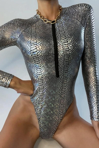 Silver Snake Print Metallic Long Sleeve One Piece Swimsuit - AMIClubwear