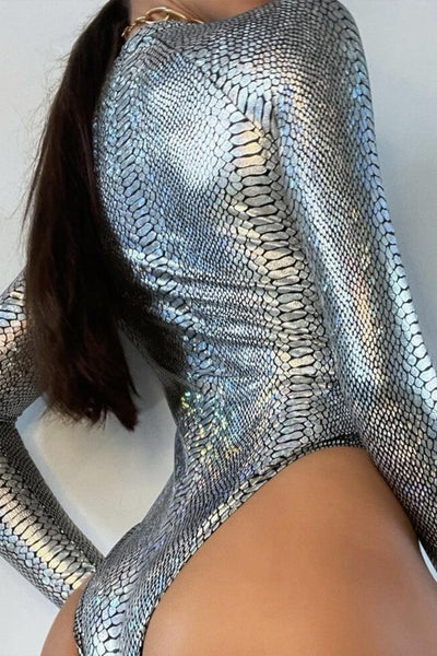 Silver Snake Print Metallic Long Sleeve One Piece Swimsuit - AMIClubwear